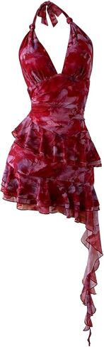 Verdusa Mesh Dress for Women Floral Backless Halter Short Dress Layered Ruffle Asymmetrical Slim Fit Mini Dresses in Saudi Arabia
