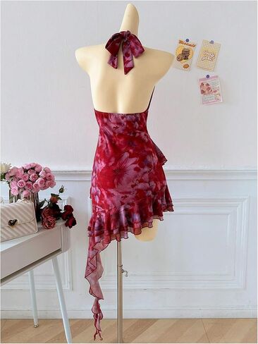 Verdusa Mesh Dress for Women Floral Backless Halter Short Dress Layered Ruffle Asymmetrical Slim Fit Mini Dresses in Saudi Arabia