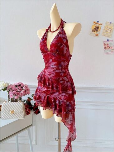 Verdusa Mesh Dress for Women Floral Backless Halter Short Dress Layered Ruffle Asymmetrical Slim Fit Mini Dresses in Saudi Arabia