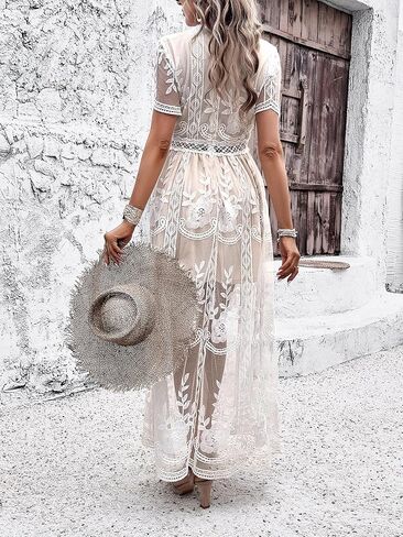 2025 Spring Summer Maxi Dresses for Women V Neck Short Sleeve Lace Floral Flowy Beach Vacation Boho Wedding Sundress in Kuwait