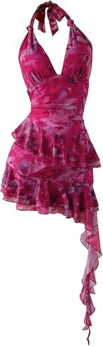 Verdusa Mesh Dress for Women Floral Backless Halter Short Dress Layered Ruffle Asymmetrical Slim Fit Mini Dresses in Saudi Arabia