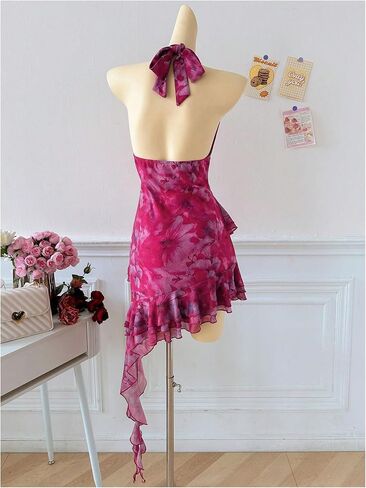 Verdusa Mesh Dress for Women Floral Backless Halter Short Dress Layered Ruffle Asymmetrical Slim Fit Mini Dresses in Saudi Arabia