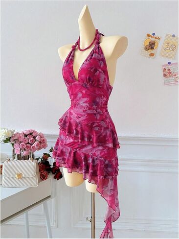 Verdusa Mesh Dress for Women Floral Backless Halter Short Dress Layered Ruffle Asymmetrical Slim Fit Mini Dresses in Saudi Arabia