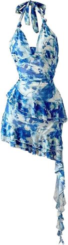 Verdusa Mesh Dress for Women Floral Backless Halter Short Dress Layered Ruffle Asymmetrical Slim Fit Mini Dresses in Saudi Arabia