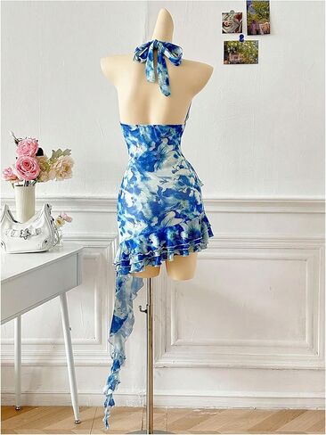 Verdusa Mesh Dress for Women Floral Backless Halter Short Dress Layered Ruffle Asymmetrical Slim Fit Mini Dresses in Saudi Arabia