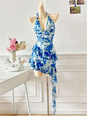 Verdusa Mesh Dress for Women Floral Backless Halter Short Dress Layered Ruffle Asymmetrical Slim Fit Mini Dresses in Saudi Arabia