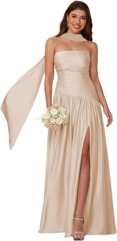 YOFF Scarf Satin Strapless Bridesmaid Dresses with Slit Mermaid Long Formal Party Dress YO257 in Saudi Arabia