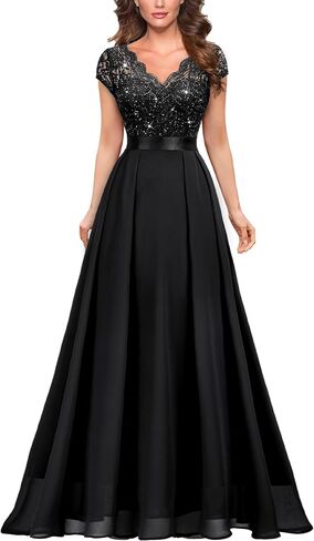 Miusol Women's Elegant V-Neck Cap Sleeve Sequined Floral Lace Formal Party Maxi Dress in Saudi Arabia
