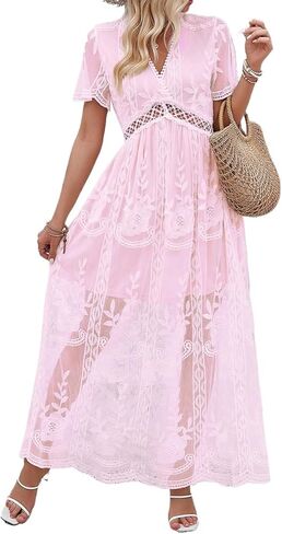 2025 Spring Summer Maxi Dresses for Women V Neck Short Sleeve Lace Floral Flowy Beach Vacation Boho Wedding Sundress in Kuwait