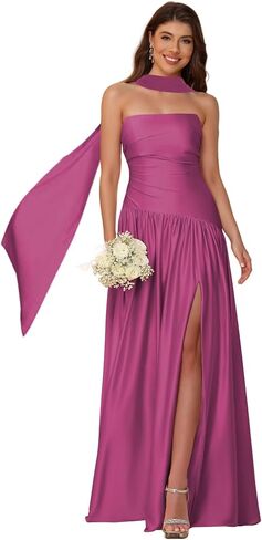 YOFF Scarf Satin Strapless Bridesmaid Dresses with Slit Mermaid Long Formal Party Dress YO257 in Saudi Arabia