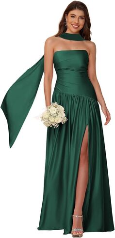 YOFF Scarf Satin Strapless Bridesmaid Dresses with Slit Mermaid Long Formal Party Dress YO257 in Saudi Arabia