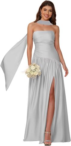 YOFF Scarf Satin Strapless Bridesmaid Dresses with Slit Mermaid Long Formal Party Dress YO257 in Saudi Arabia