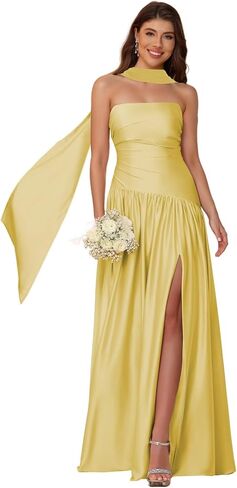 YOFF Scarf Satin Strapless Bridesmaid Dresses with Slit Mermaid Long Formal Party Dress YO257 in Saudi Arabia