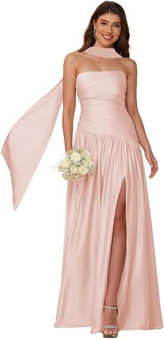 YOFF Scarf Satin Strapless Bridesmaid Dresses with Slit Mermaid Long Formal Party Dress YO257 in Saudi Arabia