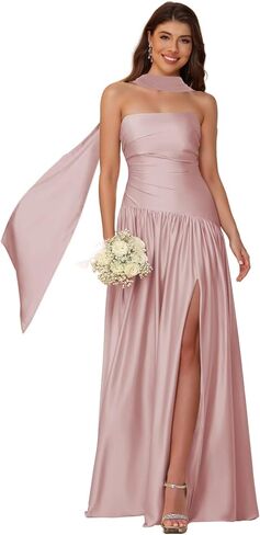 YOFF Scarf Satin Strapless Bridesmaid Dresses with Slit Mermaid Long Formal Party Dress YO257 in Saudi Arabia