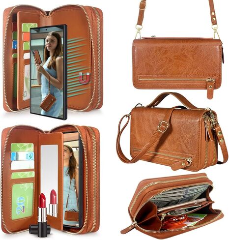 Harryshell متوافق مع Samsung Galaxy S22 Ultra 5G 6.8 بوصة (2022) CASE Wallet Multi Zipper Detachable Cover Based Based مع فتحة فتحة بطاقة Crossbody Mirror Crossbody (أسود) in Kuwait