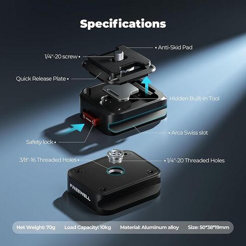 Freewell Tripod Quick Release Clamp for Fast Camera Mounting, Aluminum Build with 1/4"-20 Screw, Supports 10kg, Compatible with DSLR, Mirrorless Cameras, and Tripods in Kuwait