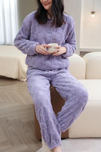 بيجامات المرأة الناعمة مجموعة ناعمة مريحة الصوف pj مجموعة 2 قطعة لباس الشتاء ملابس نوم دافئة in Kuwait