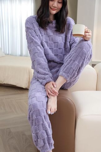 بيجامات المرأة الناعمة مجموعة ناعمة مريحة الصوف pj مجموعة 2 قطعة لباس الشتاء ملابس نوم دافئة in Kuwait