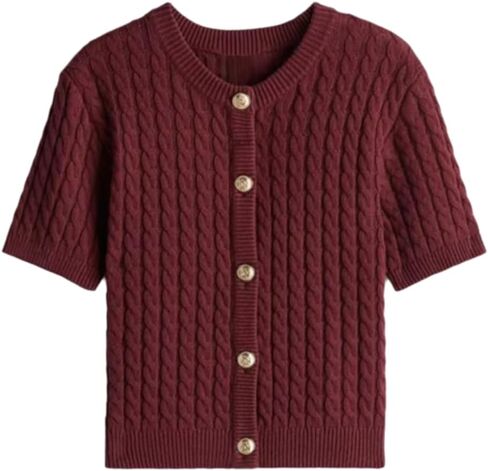 Women Cable Knit Short Sleeved Sweater Cardigan Casual Button Up Soft Solid Sweater Shirt in Kuwait