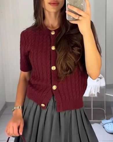 Women Cable Knit Short Sleeved Sweater Cardigan Casual Button Up Soft Solid Sweater Shirt in Kuwait