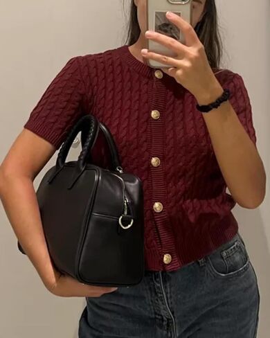 Women Cable Knit Short Sleeved Sweater Cardigan Casual Button Up Soft Solid Sweater Shirt in Kuwait