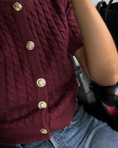 Women Cable Knit Short Sleeved Sweater Cardigan Casual Button Up Soft Solid Sweater Shirt in Kuwait