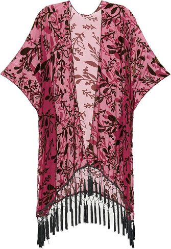 Burnout Velvet Kimono Cardigan for Women with Tassels, Elegant flower pattern, Swimsuit Cover-Up,1 Size Fits All in Saudi Arabia