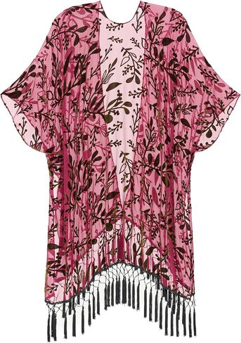 Burnout Velvet Kimono Cardigan for Women with Tassels, Elegant flower pattern, Swimsuit Cover-Up,1 Size Fits All in Saudi Arabia