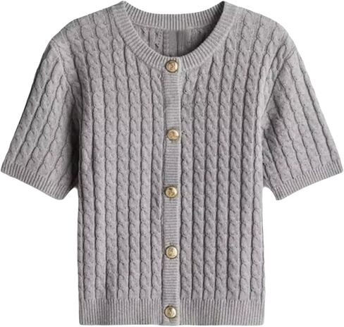 Women Cable Knit Short Sleeved Sweater Cardigan Casual Button Up Soft Solid Sweater Shirt in Kuwait