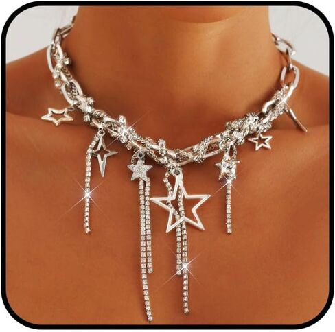 Heart Chunky Choker Necklace for Women Y2K Layered Rhinestone Necklaces Goth Irregular Tassel Necklaces Jewelry Gift in Kuwait