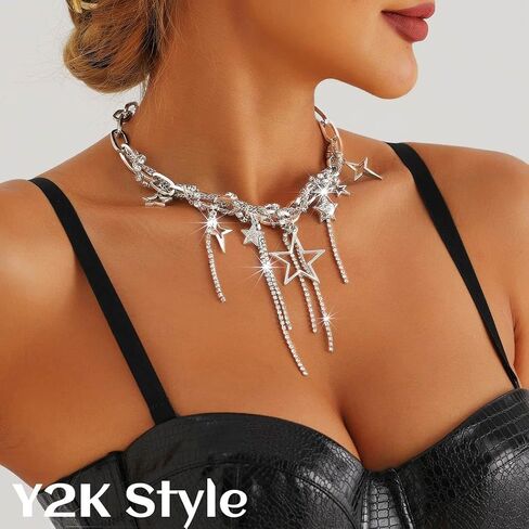 Heart Chunky Choker Necklace for Women Y2K Layered Rhinestone Necklaces Goth Irregular Tassel Necklaces Jewelry Gift in Kuwait