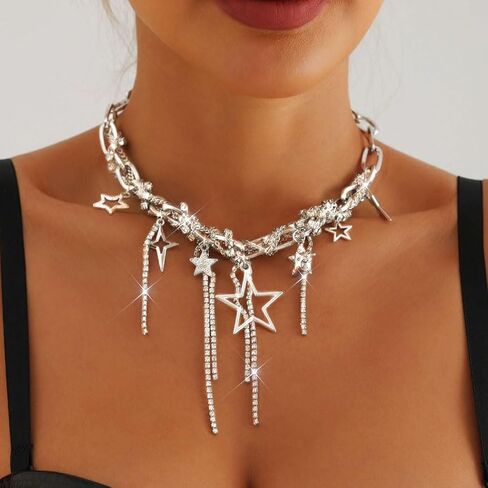 Heart Chunky Choker Necklace for Women Y2K Layered Rhinestone Necklaces Goth Irregular Tassel Necklaces Jewelry Gift in Kuwait
