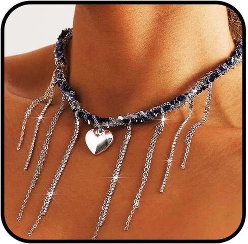 Heart Chunky Choker Necklace for Women Y2K Layered Rhinestone Necklaces Goth Irregular Tassel Necklaces Jewelry Gift in Kuwait