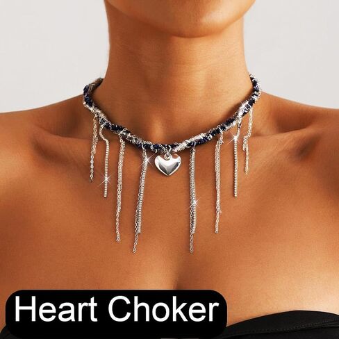 Heart Chunky Choker Necklace for Women Y2K Layered Rhinestone Necklaces Goth Irregular Tassel Necklaces Jewelry Gift in Kuwait
