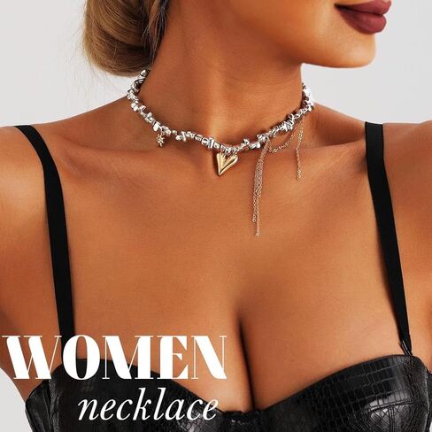 Heart Chunky Choker Necklace for Women Y2K Layered Rhinestone Necklaces Goth Irregular Tassel Necklaces Jewelry Gift in Kuwait