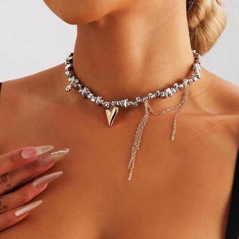 Heart Chunky Choker Necklace for Women Y2K Layered Rhinestone Necklaces Goth Irregular Tassel Necklaces Jewelry Gift in Kuwait