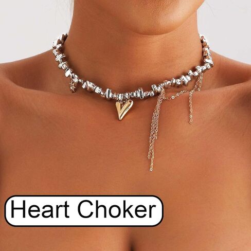 Heart Chunky Choker Necklace for Women Y2K Layered Rhinestone Necklaces Goth Irregular Tassel Necklaces Jewelry Gift in Kuwait