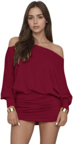Off Shoulder Dress Batwing Sleeves Dresses for Women Long Sleeve Oversized Sexy Ruched Bodycon Cocktail Dress in Saudi Arabia