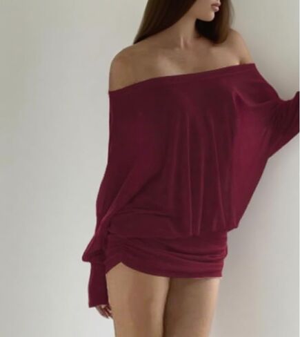 Off Shoulder Dress Batwing Sleeves Dresses for Women Long Sleeve Oversized Sexy Ruched Bodycon Cocktail Dress in Saudi Arabia