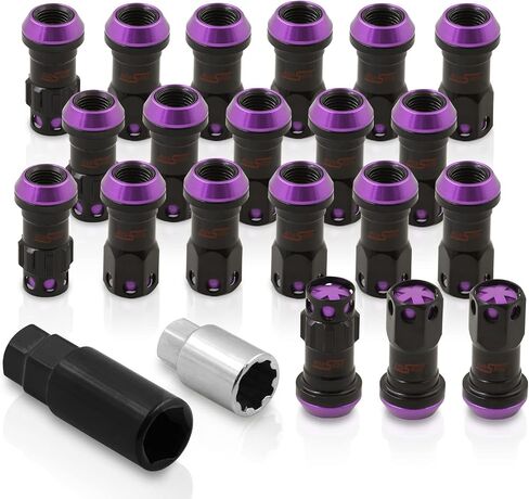 AJP Distributors 20 Piece Universal M12x1.25 Open or Closed End Steel Lug Nuts, 20pc M12 x 1.25MM Lug Nut Set + Locking Adapter Key Socket Wheels Rims JDM VIP Kit Black Body Purple Cap in Saudi Arabia