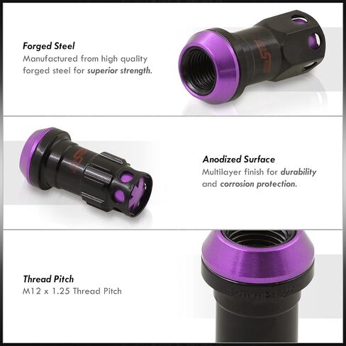 AJP Distributors 20 Piece Universal M12x1.25 Open or Closed End Steel Lug Nuts, 20pc M12 x 1.25MM Lug Nut Set + Locking Adapter Key Socket Wheels Rims JDM VIP Kit Black Body Purple Cap in Saudi Arabia