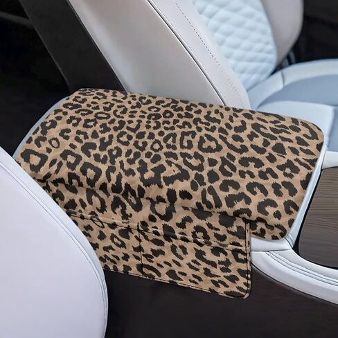Dreaweet Brown Leopard Print Center Console Cover Thick Arm Rest Cover for Car Women Cheetah Car Accessories Interior Middle Console Cushion Cover Pad with Pockets in Saudi Arabia
