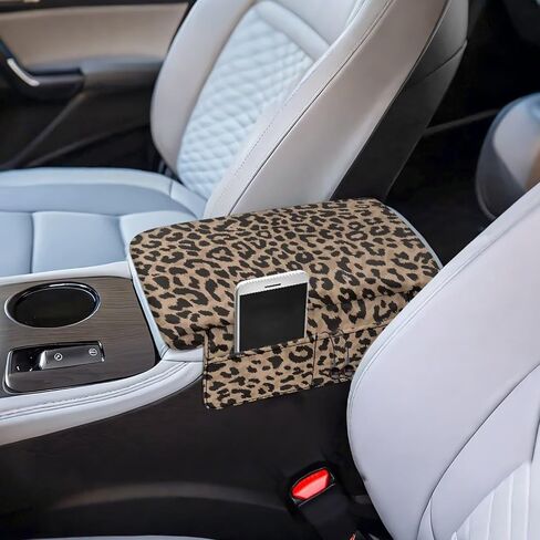 Dreaweet Brown Leopard Print Center Console Cover Thick Arm Rest Cover for Car Women Cheetah Car Accessories Interior Middle Console Cushion Cover Pad with Pockets in Saudi Arabia