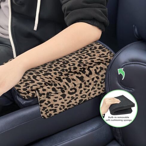 Dreaweet Brown Leopard Print Center Console Cover Thick Arm Rest Cover for Car Women Cheetah Car Accessories Interior Middle Console Cushion Cover Pad with Pockets in Saudi Arabia