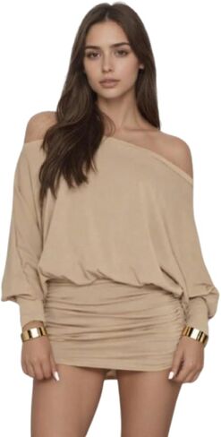 Off Shoulder Dress Batwing Sleeves Dresses for Women Long Sleeve Oversized Sexy Ruched Bodycon Cocktail Dress in Saudi Arabia