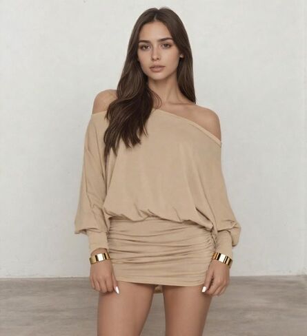 Off Shoulder Dress Batwing Sleeves Dresses for Women Long Sleeve Oversized Sexy Ruched Bodycon Cocktail Dress in Saudi Arabia