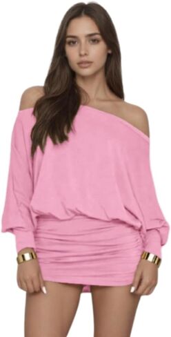 Off Shoulder Dress Batwing Sleeves Dresses for Women Long Sleeve Oversized Sexy Ruched Bodycon Cocktail Dress in Saudi Arabia