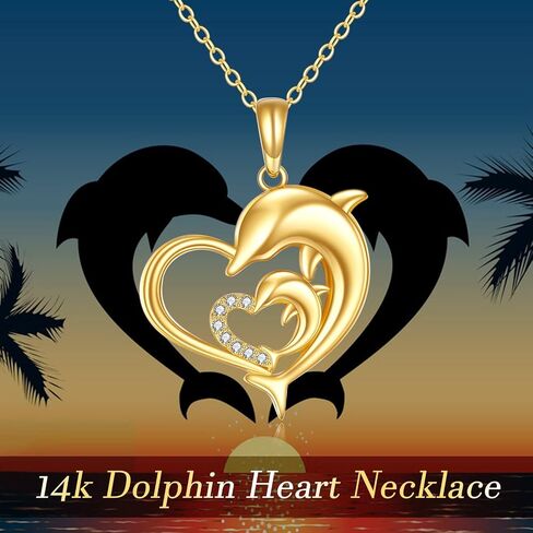KECHO 14k Gold Dolphin Necklace Yellow Gold Love Heart Dolphin Pendant Necklace Fine Gold Necklace Jewelry Mothers Day Gifts for Mother Mom Women Daughter in Saudi Arabia