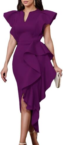 ONTINVA Women's Flutter Sleeve V-Neck Ruffle Hem Sleeveless Party Short Dress Irregular High Split Dresses in Kuwait